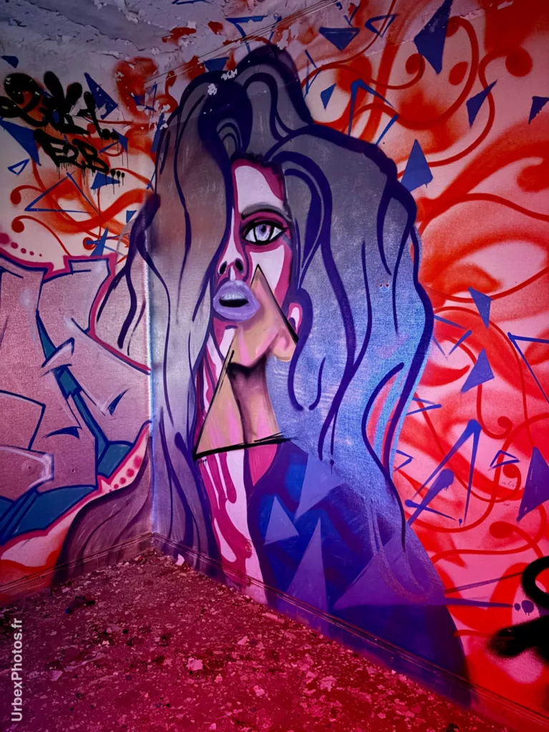 Photo urbex du graffiti d'une femme dans le Sanatorium Simone Weber en Lorraine