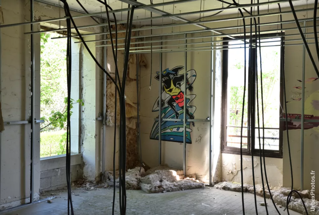 Photo urbex d'une salle avec le dessin d'un requin humanoïde dans l'Hôtel Nougaro en Lorraine