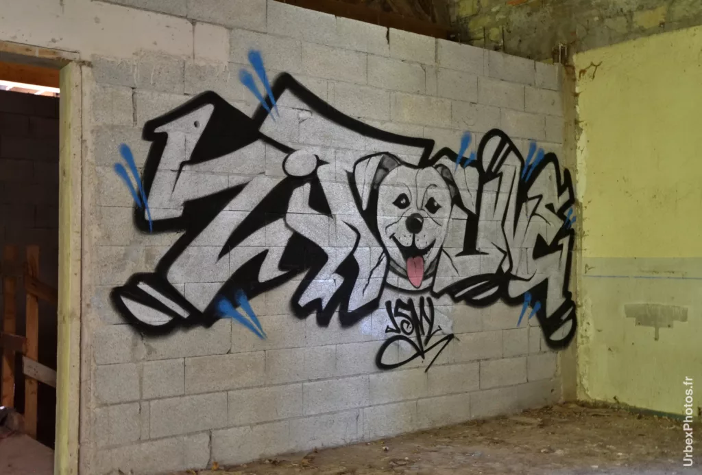 Un graffiti sur un mur, avec une gueule de chien en son centre