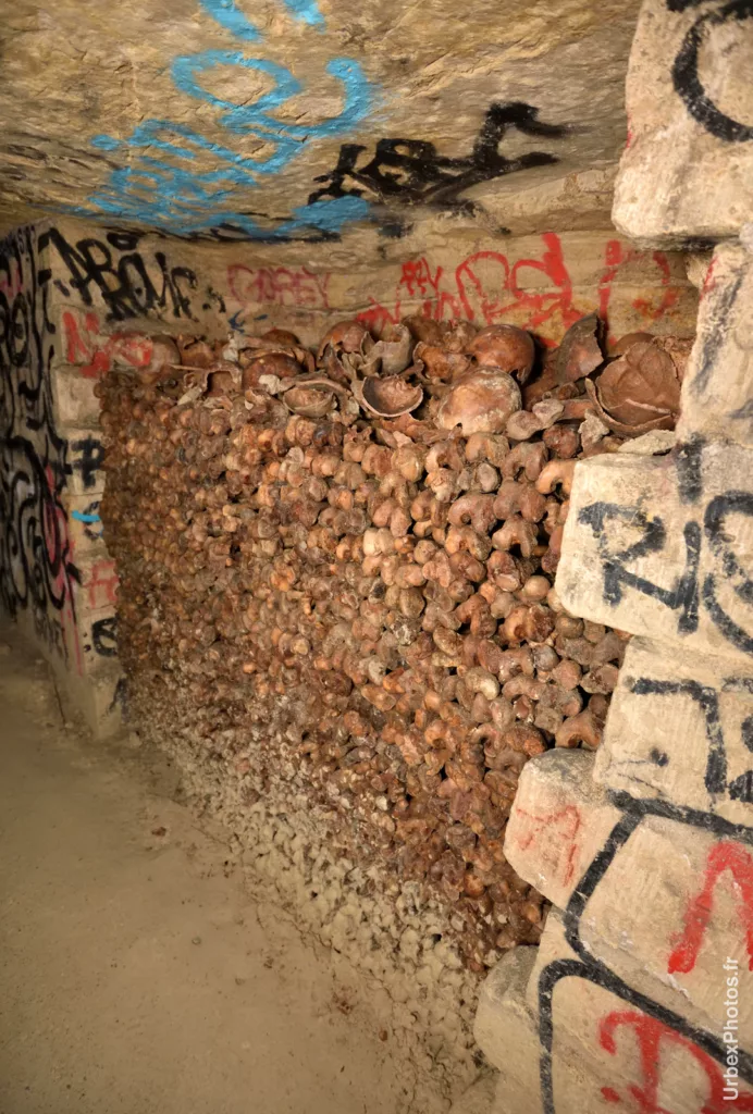 Photo urbex d'un mur d'ossements dans les catacombes interdites de Paris