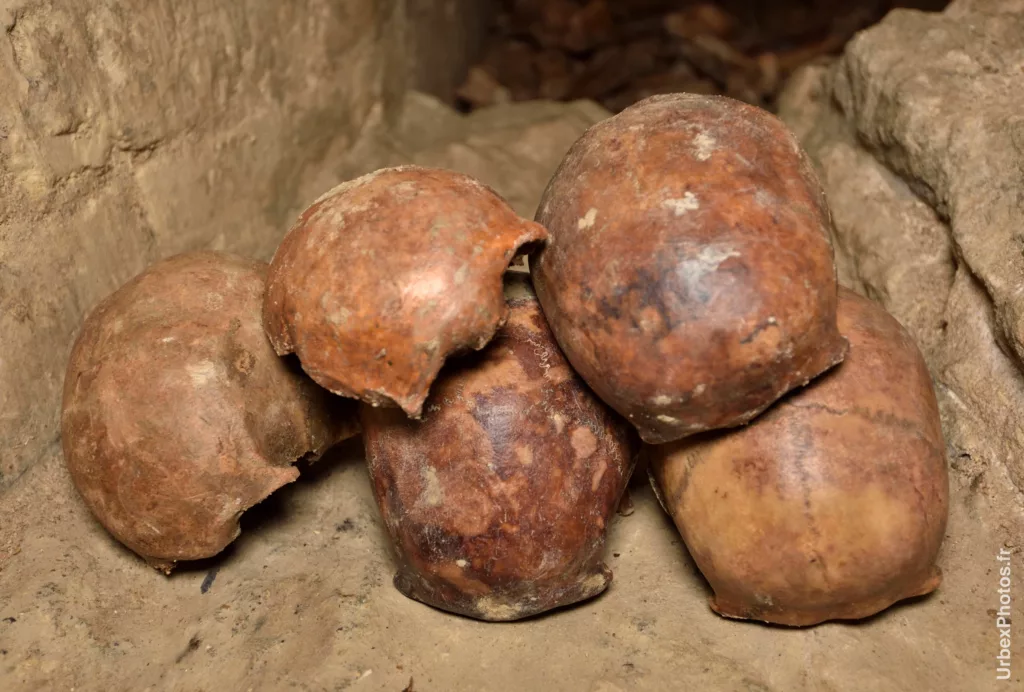 Photo urbex du gros plan de crânes dans les catacombes interdites de Paris