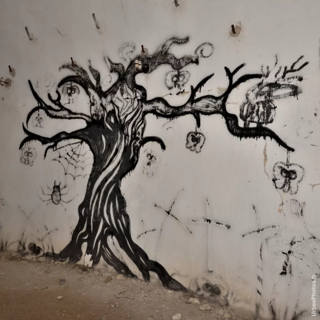 Graffiti d'un arbre dont les fruits sont des crânes humains